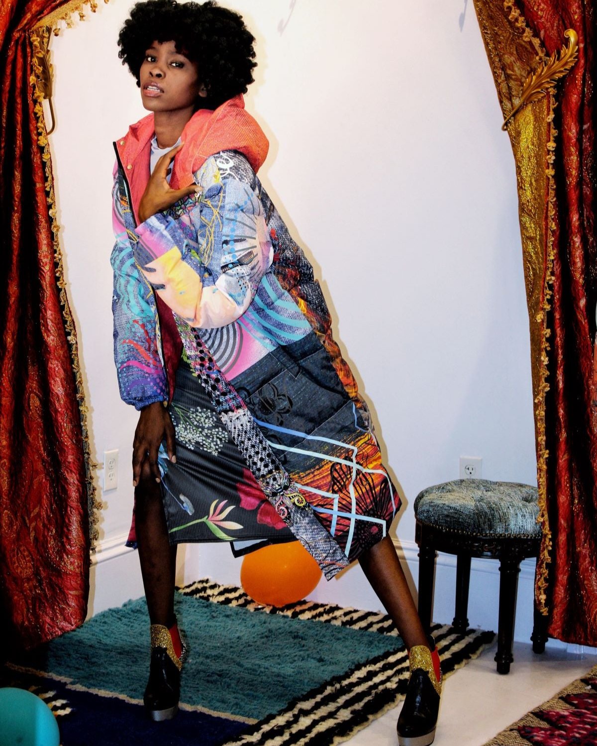 Blue Graphic Patchwork Unisex Down Coat