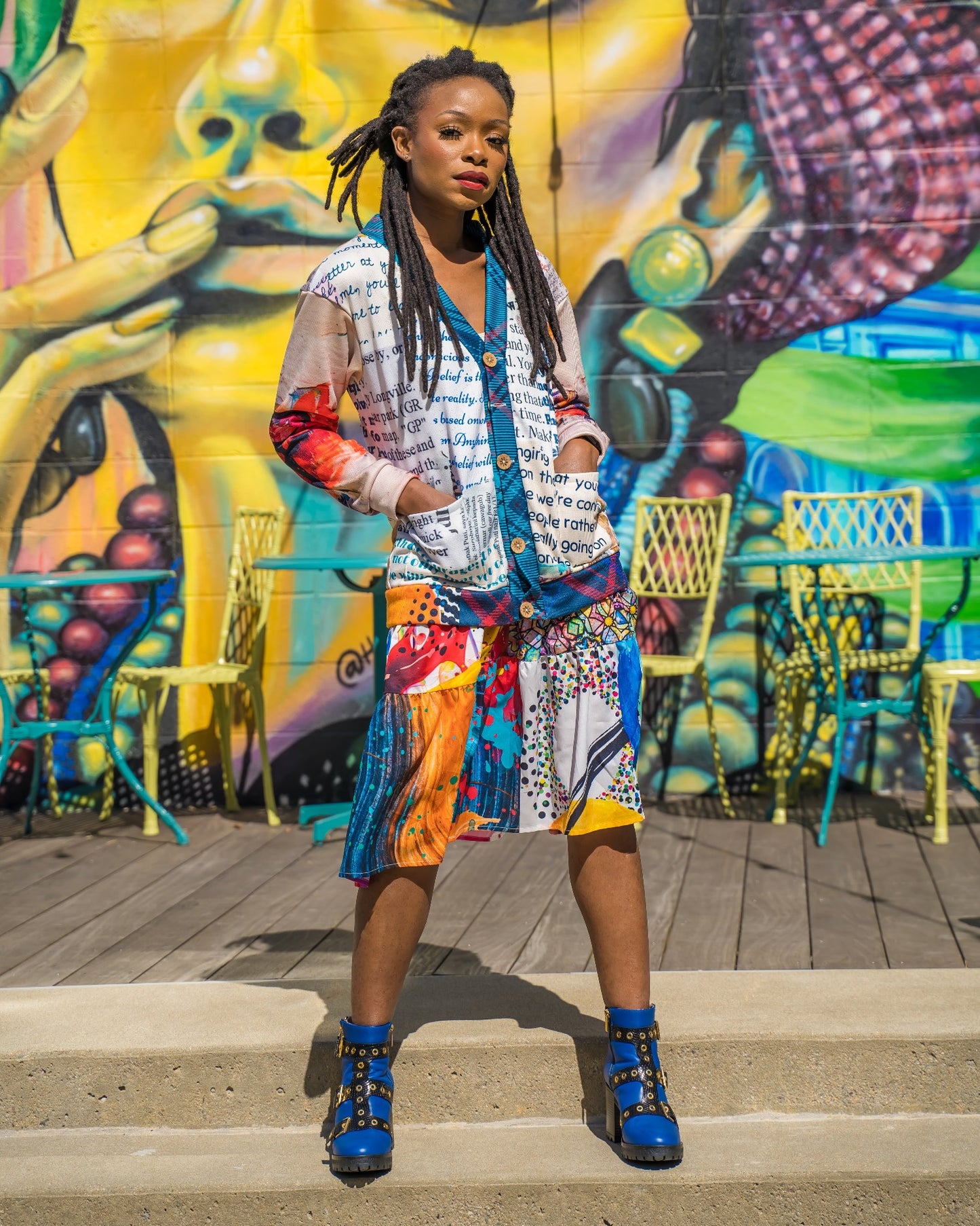 White and Black Graphic Sweater with Splash of Color