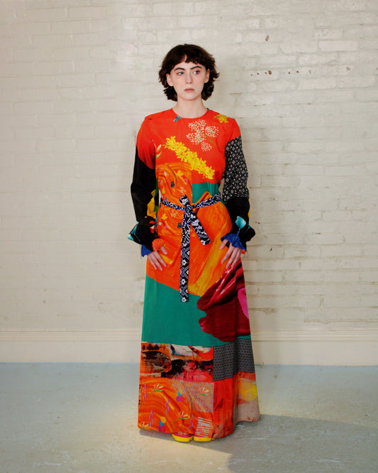 Mixed Print Puff Sleeve Maxi