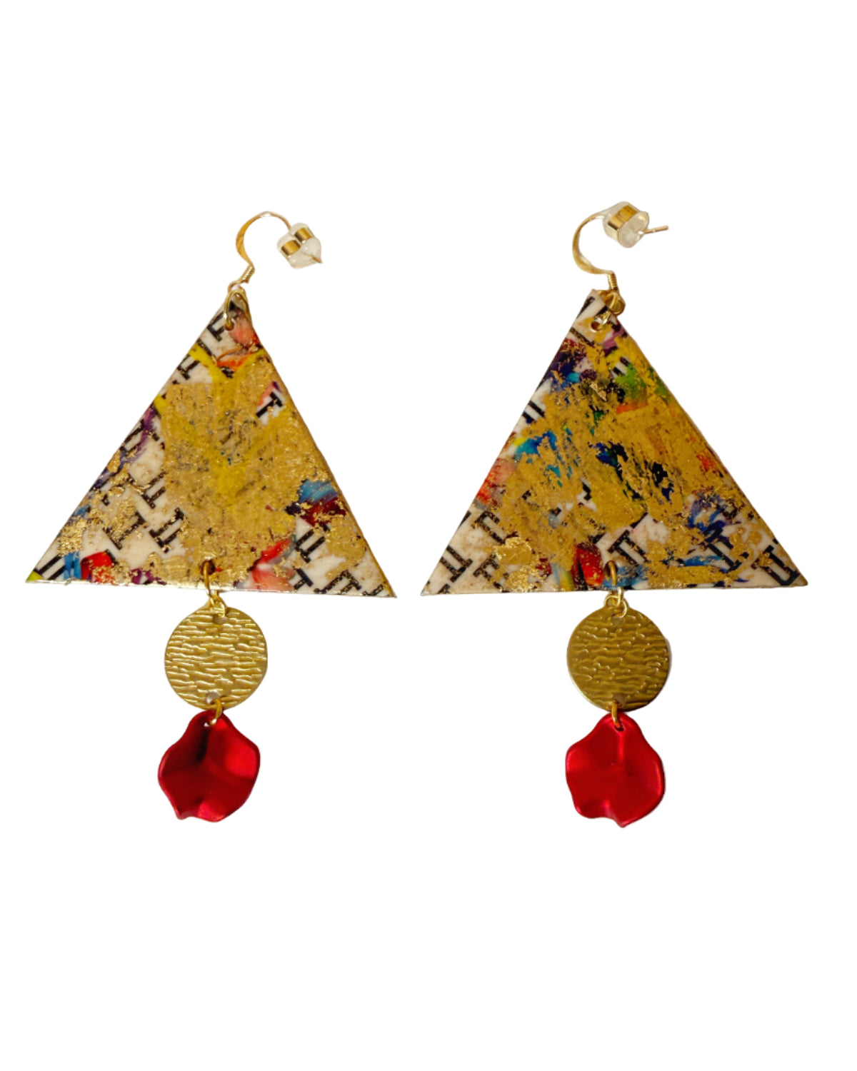 White and Black Graphic in Gold Triangle Earrings