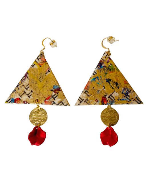 White and Black Graphic in Gold Triangle Earrings