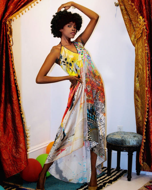 Rainbow Kaleidoscope Halter Maxi Dress