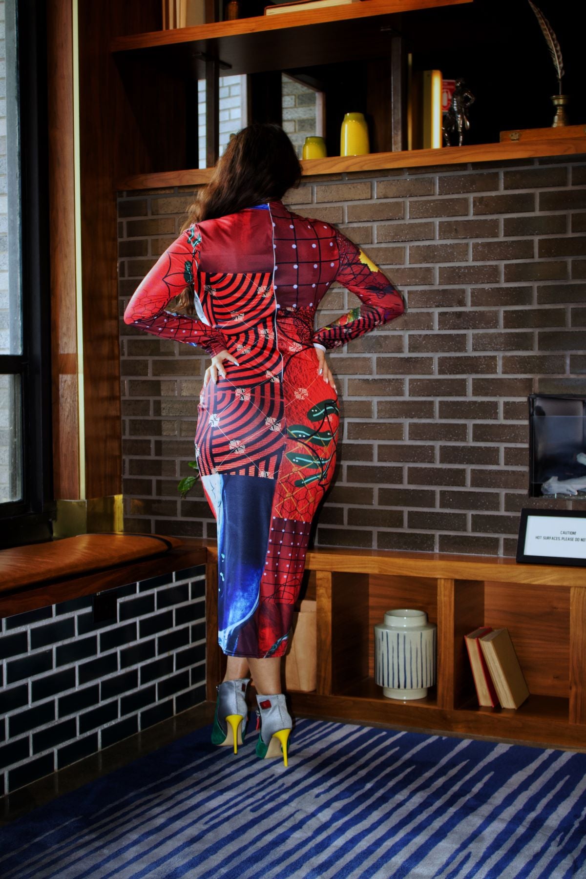 Red Graphic Print Long Sleeve Dress