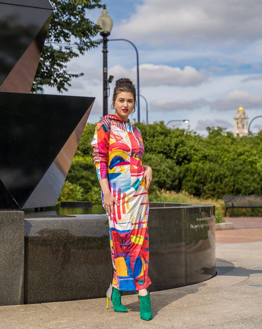 White and Multi Long Jersey Dress